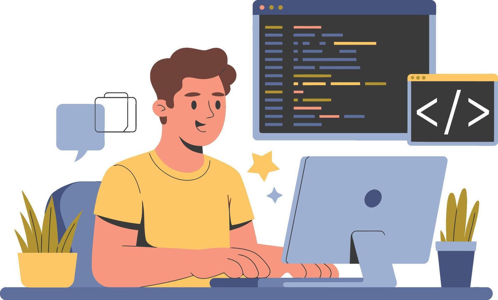 Programmer working on a computer with code vector