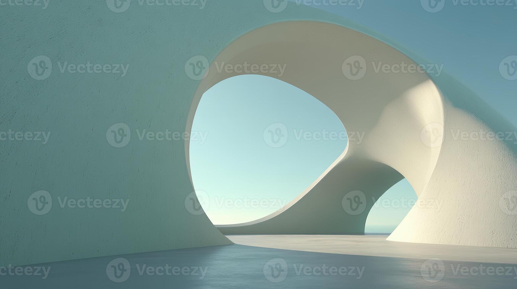 Two Intersecting White Arch Structures Create a Minimalist Abstract Space Against a Pale Blue Sky photo