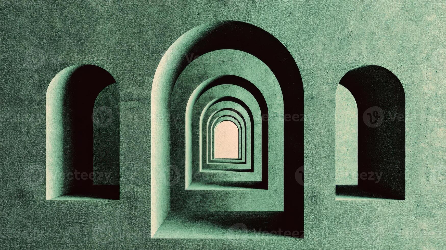 Concentric Green Archway Tunnel Receding Circular Openings Create a Surreal Abstract Architectural Space Ending in Light photo