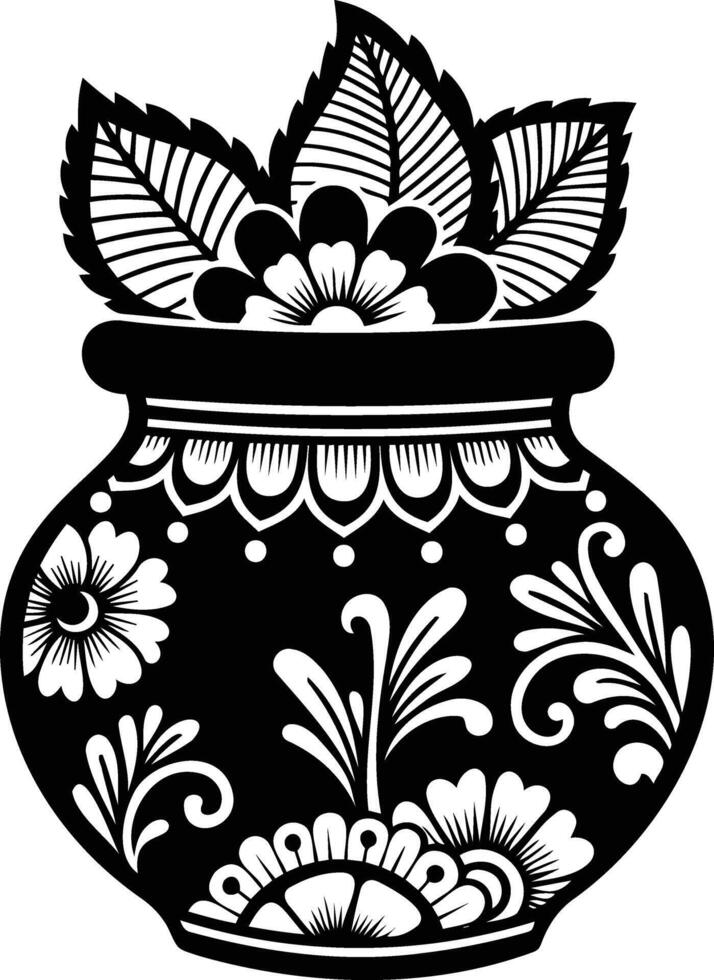Dceorative Pot with f a loral patterns a detailed and elaborate image featuring a traditionally designed pot, adorned with detailed floral patterns and foliage, is depicted intwo-tone art style. vector