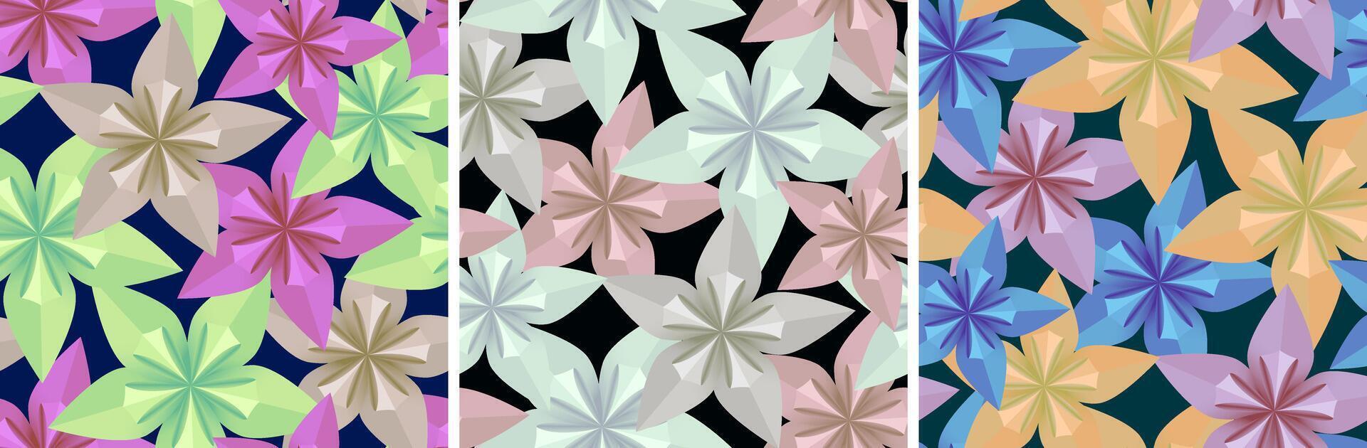 set of seamless patterns with 3d origami flowers abstract geometric backgrounds vector