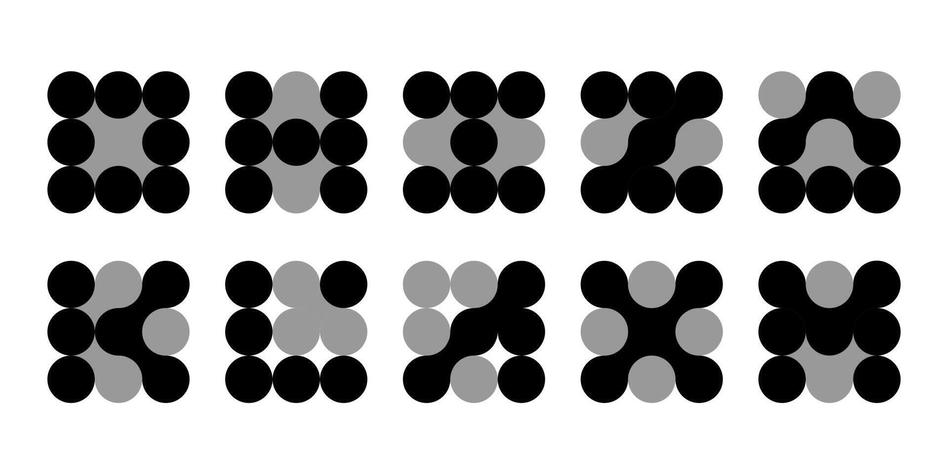Atom connected dots in molecule structure pattern. Abstract circle shapes, collagen liquid drops. Medical tech metaball cells. Wavy merge fluid arrow, laboratory symbol. Dividing blob circuit cross vector
