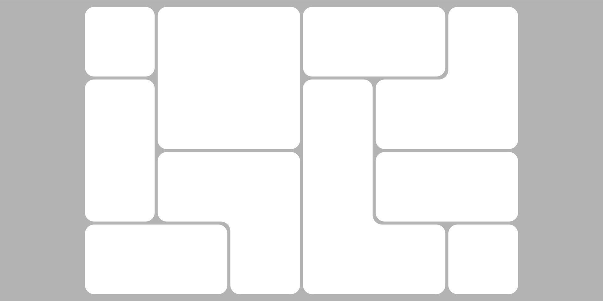 White grid template, bento box photo frame collage layout. Light mood board mockup horizontal banner. Puzzle mosaic blocks for picture gallery page. Flat graph y2k dashboard presentation slide vector