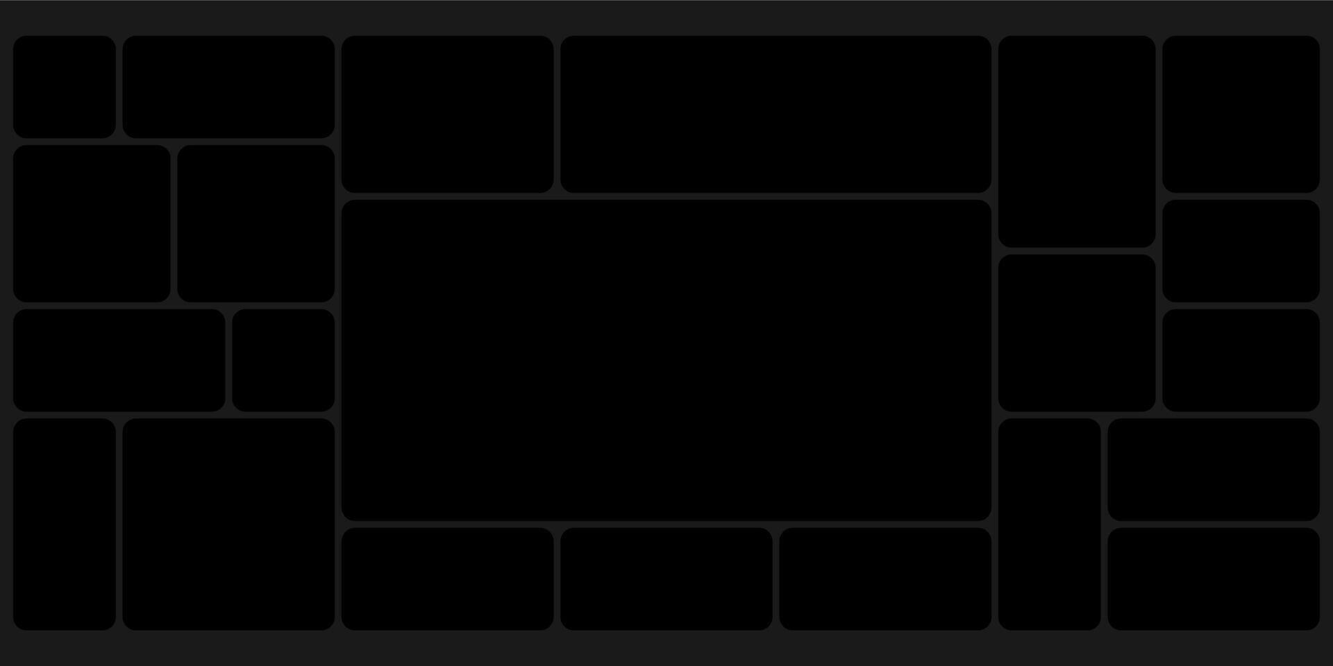 Dark grid template bento box ui. Photo frame collage layout design. Puzzle mosaic blocks for picture gallery page. Dark mood board mockup horizontal banner. Flat y2k dashboard presentation slide vector