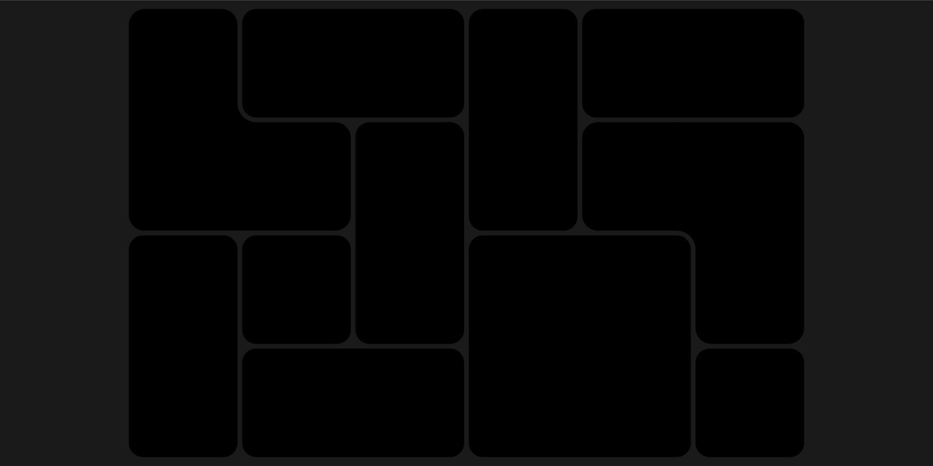 Black grid template, bento box ui. Photo frame collage layout design. Puzzle mosaic blocks for picture gallery page. Dark mood board mockup horizontal banner. Flat y2k dashboard presentation slide vector