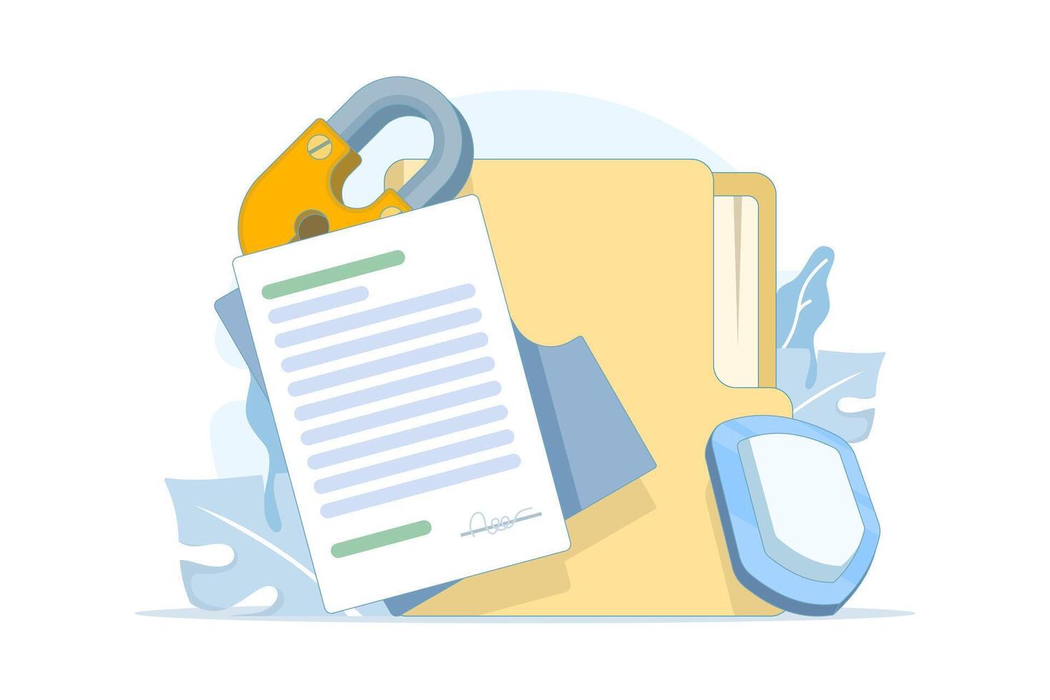 Flat illustration of data security and privacy concept. Digital file and document protection with lock icon, safe confidential information, secret access, privacy protection, secure storage. vector