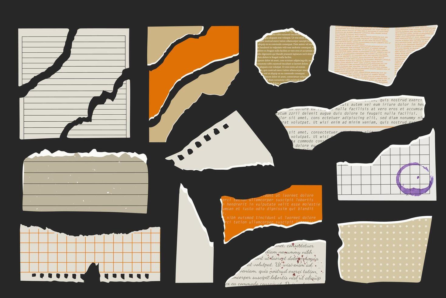 Torn newspaper sheets of paper with clippings text in grunge style. pieces of ripped scrap paper in cage and lines vector