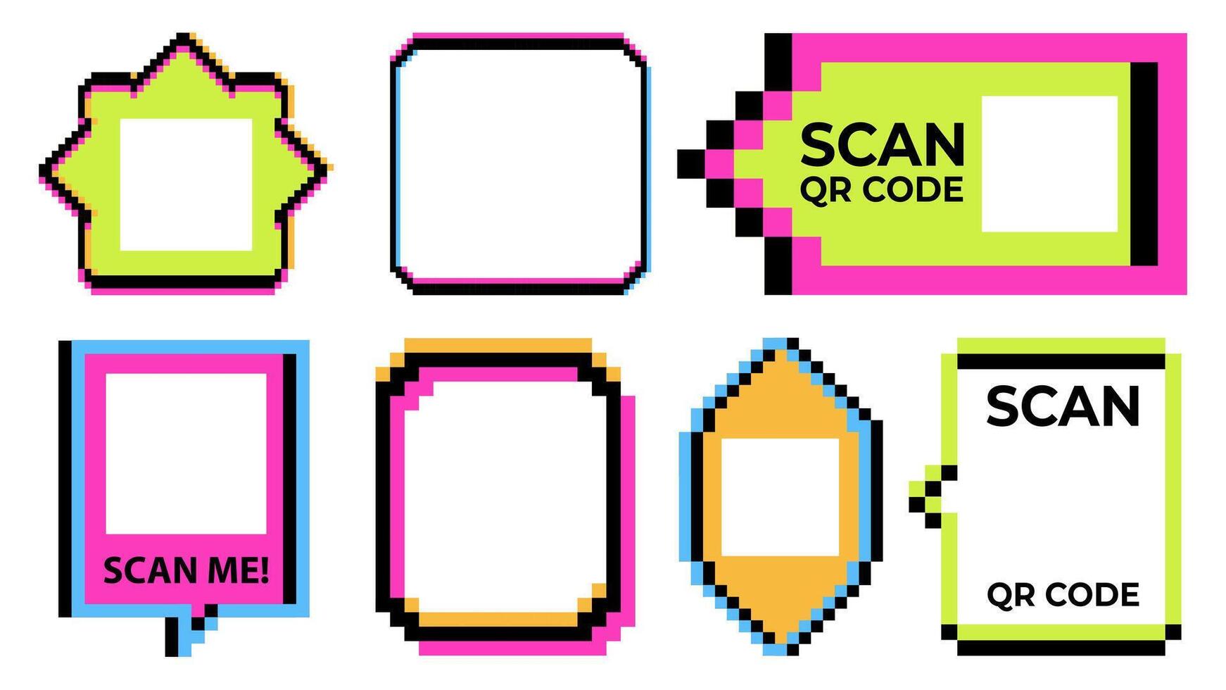 vibrant retro geometric Neon Pixe Y2K frames with space for a QR code. speech bubbles and boxes in an 8-bit set vector