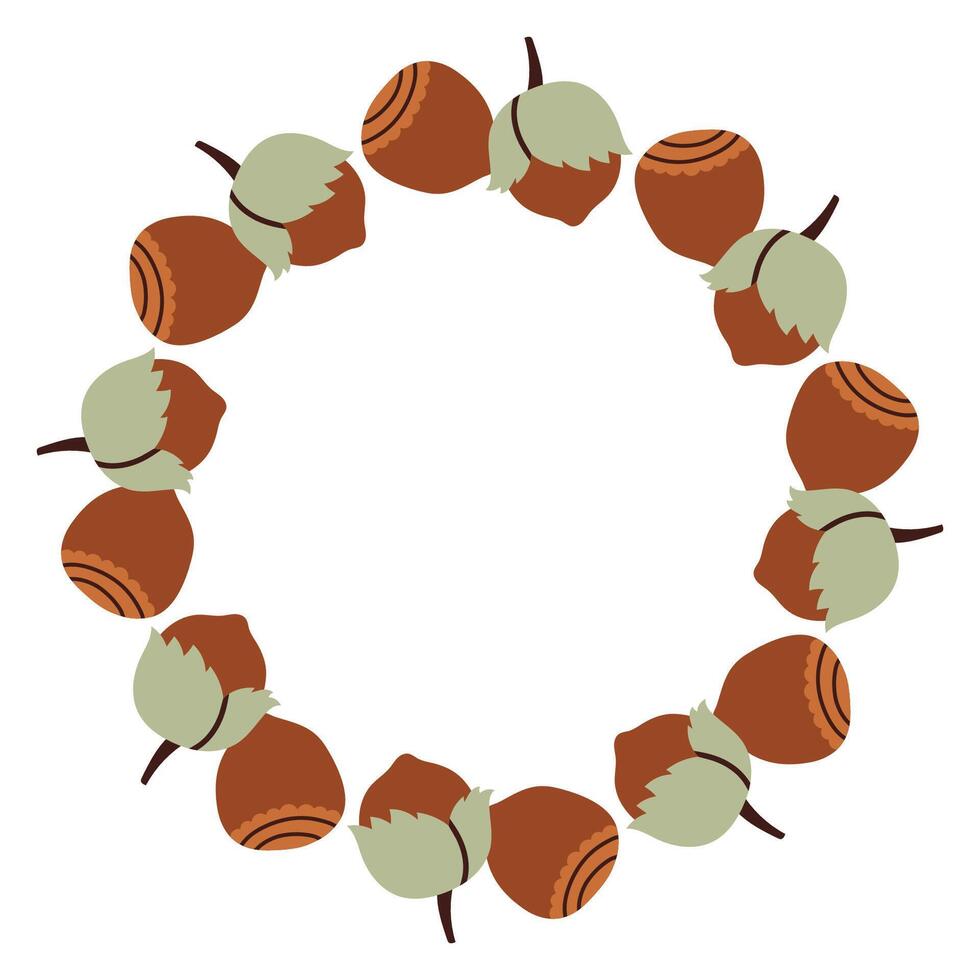 Autumn hazelnut circle frame. Round border made of doodle hand drawn fall hazelnuts. The hazelnuts are arranged in a circle for stickers, banners, cards, ads. flat isolated on white background. vector