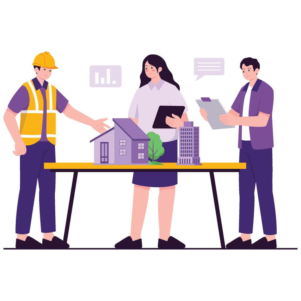 Team discussing architectural models vector