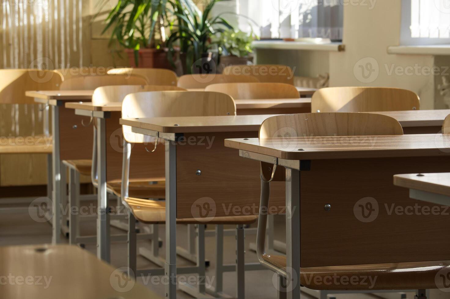 An empty classroom bathed in soft light, with rows of student desks ready for class. photo