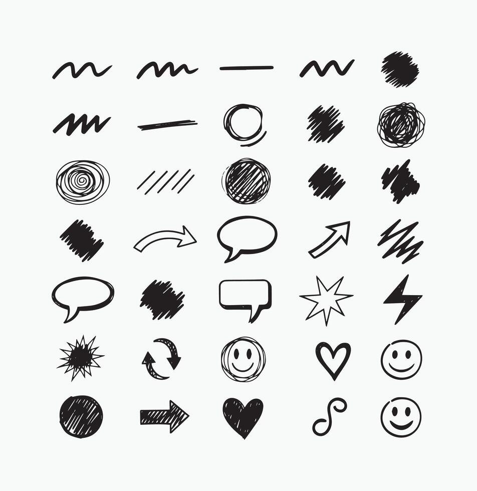 Collection of hand-drawn sketchy icons and symbols for design projects lively and dynamic vector