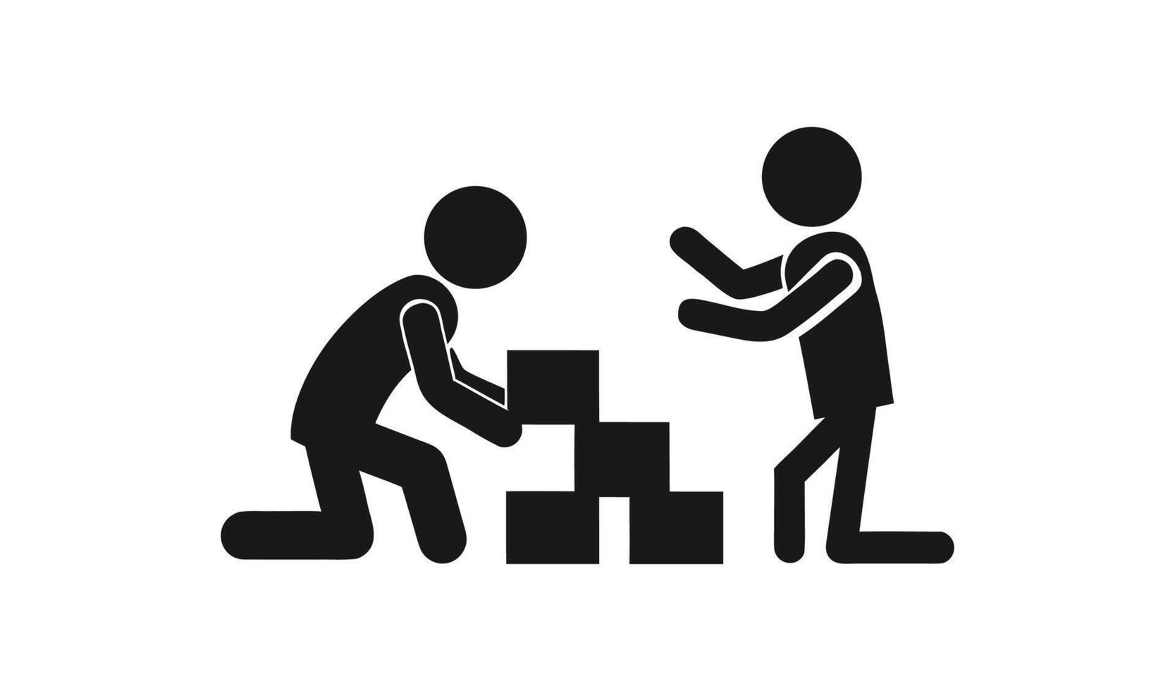 Two stick figures building a tower with blocks together vector