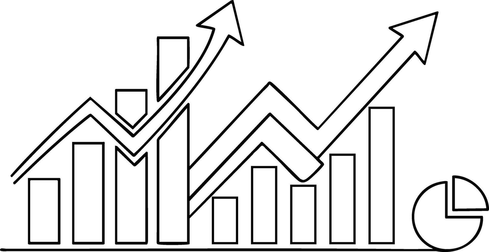 Hand drawn bar chart and pie chart representing upward business growth and financial performance vector