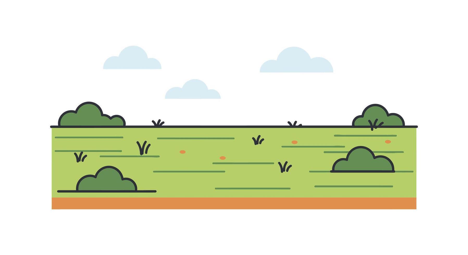 A flat line illustration of a field with trees and grass vector