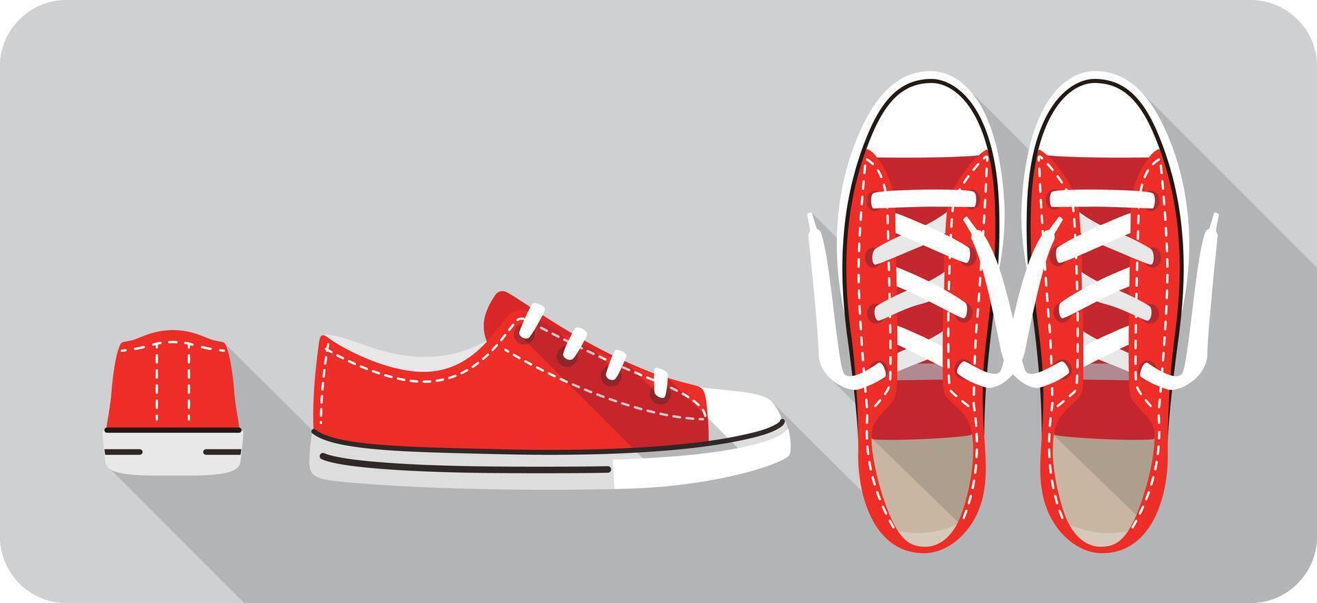 Bright red sneakers displayed side by side with miniature version on gray background vector