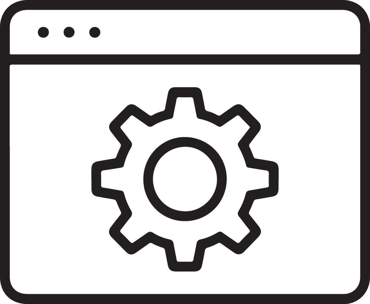 Simple line art icon representing a browser window with a gear symbol for settings or configuration vector