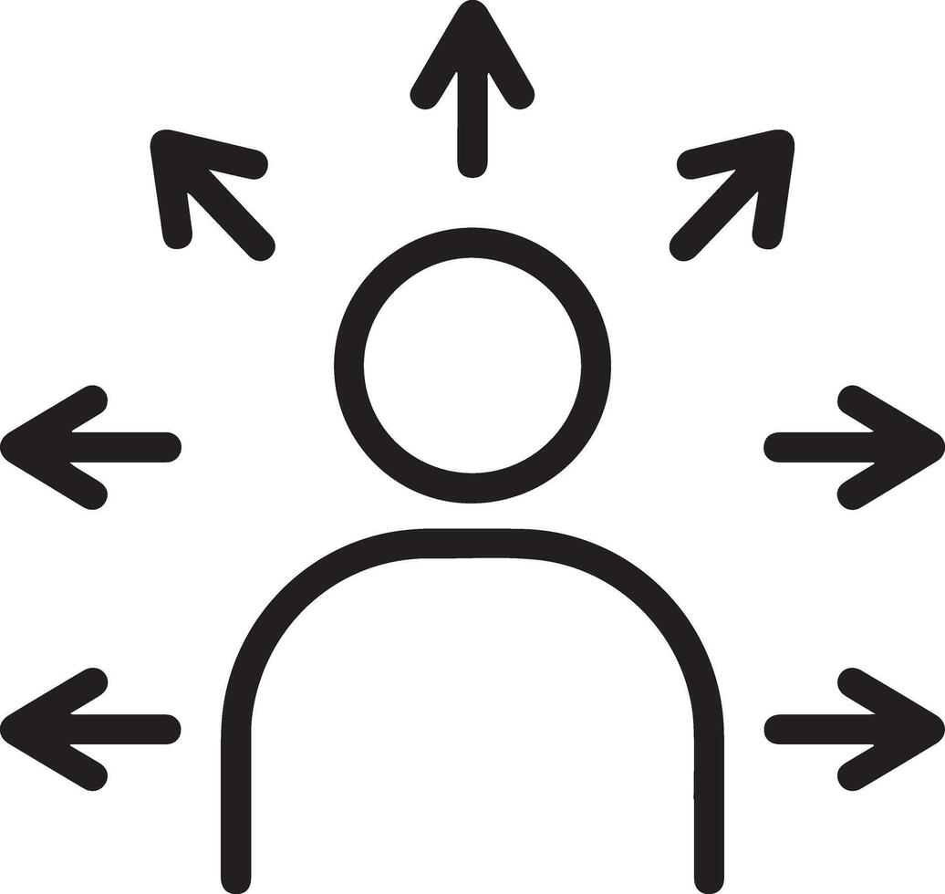 Abstract line art illustration of a person with multiple arrows pointing outwards representing choices vector