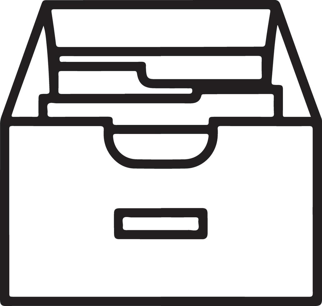 Simple line art icon of an open file cabinet drawer filled with documents and folders vector