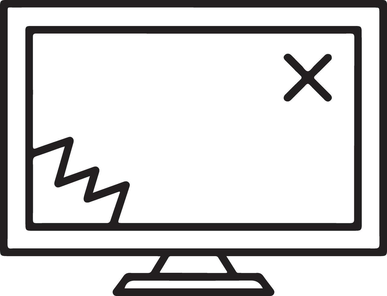 Broken computer monitor screen with crack and error symbol line art icon vector