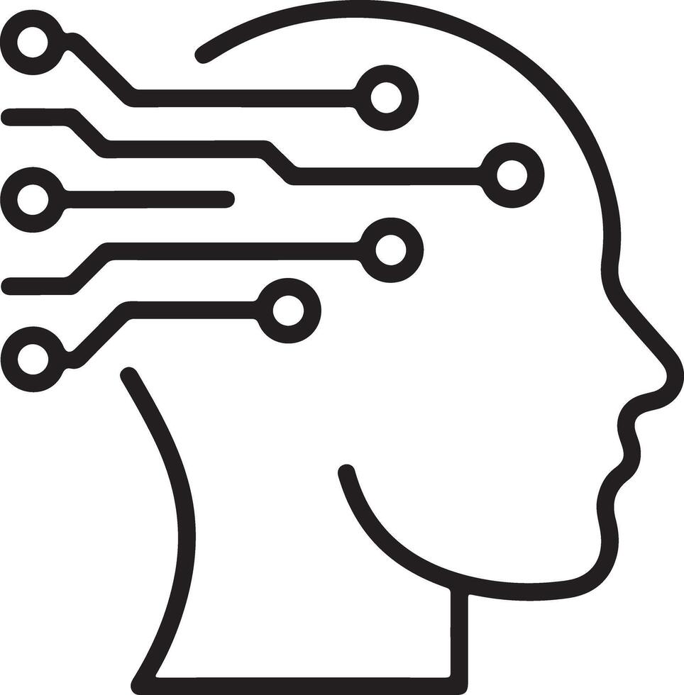 Abstract outline of a human head with circuit board lines connecting to the brain symbolizing artificial intelligence and technology vector