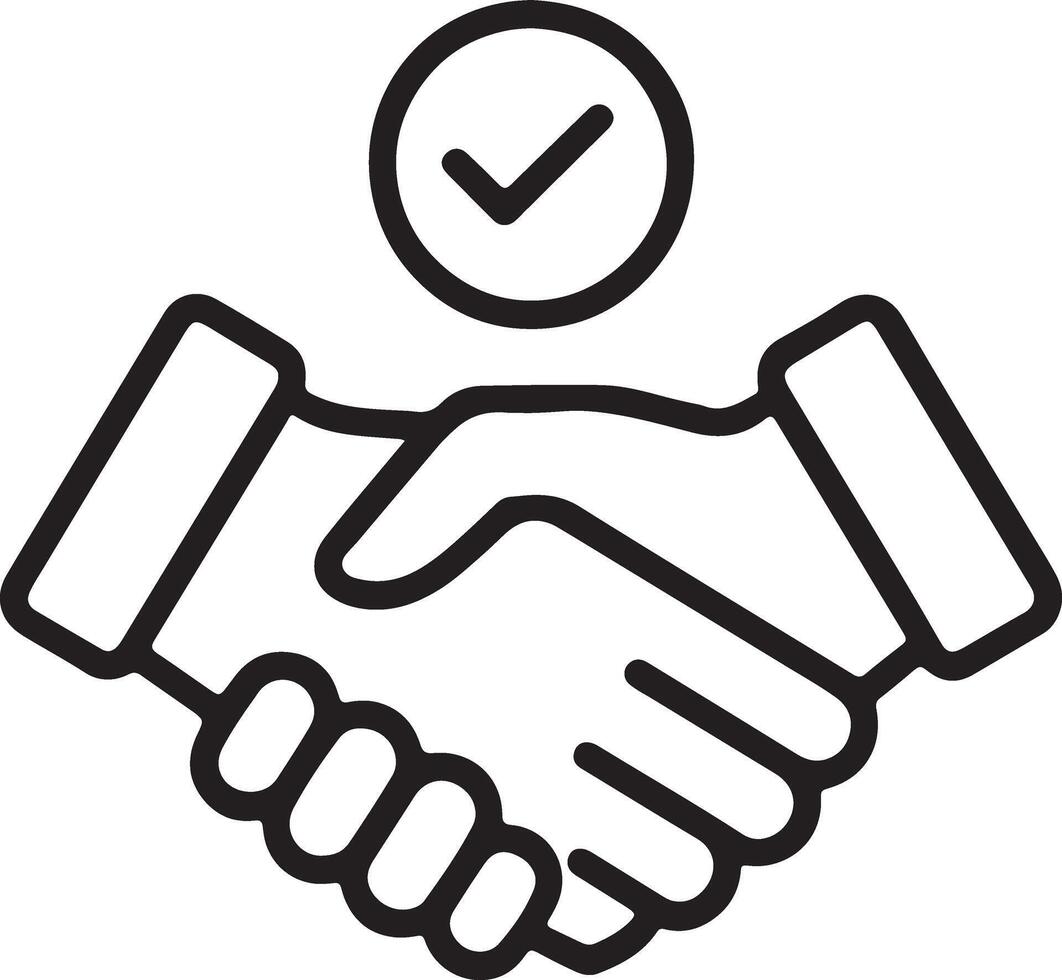 Simple outline icon of two hands shaking with a check mark above symbolizing agreement and trust vector