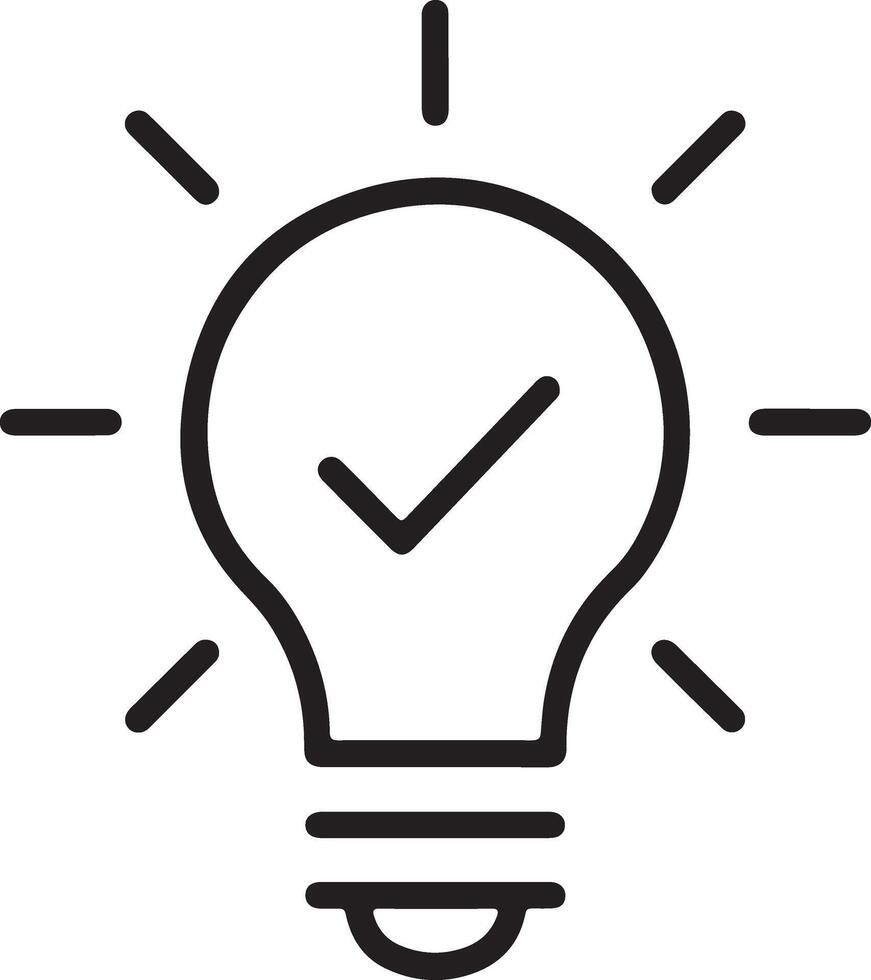 Simple line art icon of a lightbulb with a checkmark symbol inside vector