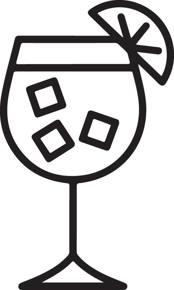 Simple outline icon of a refreshing cocktail drink with ice cubes and a lemon slice garnish vector