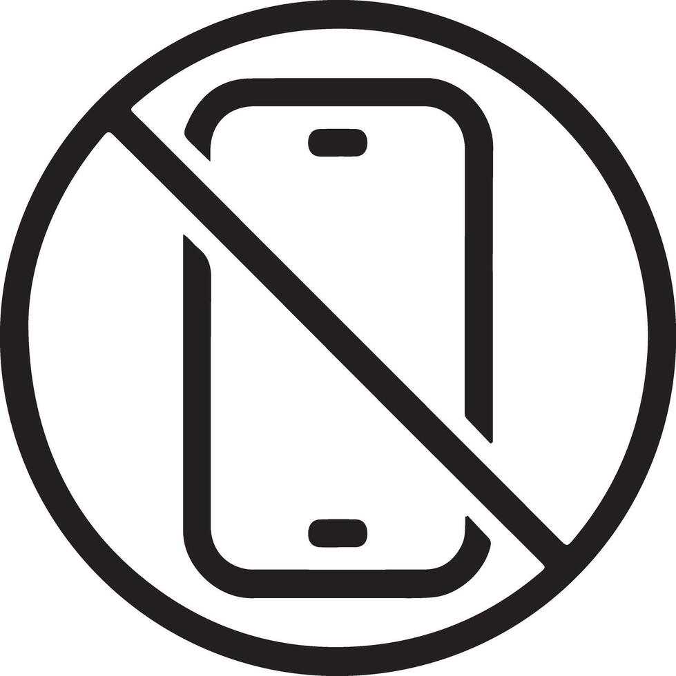 Black and white icon of a smartphone with a diagonal line through it symbolizing no phones allowed vector