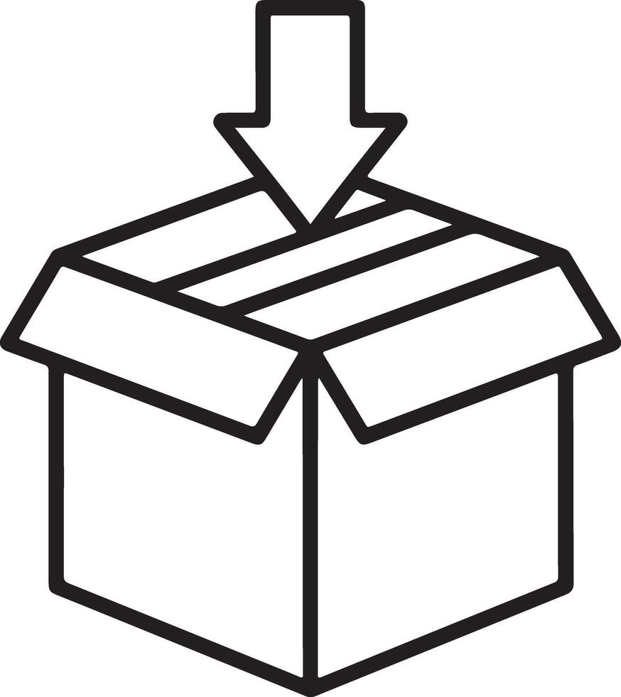 Simple line art icon representing an open cardboard box with an arrow pointing down into it vector