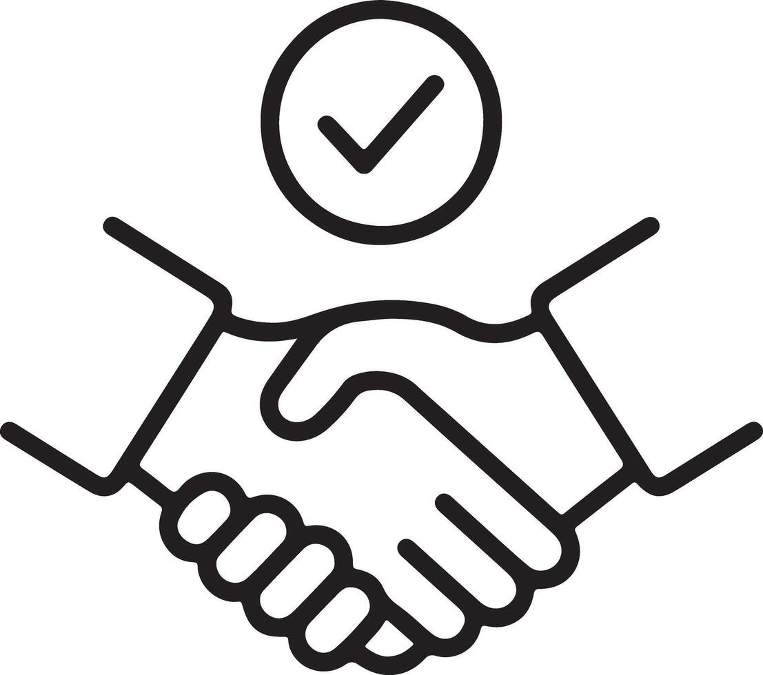 Handshake icon with a checkmark in a circle above symbolizing agreement and trust vector