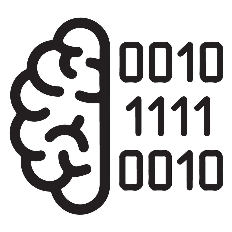 Abstract representation of artificial intelligence and digital data processing with a brain icon and binary code vector