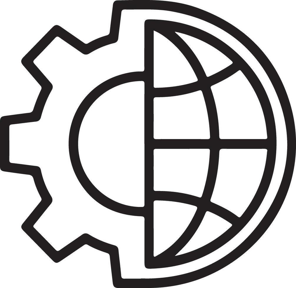 Conceptual outline of a gear merging with a stylized globe representing global industry and technology vector
