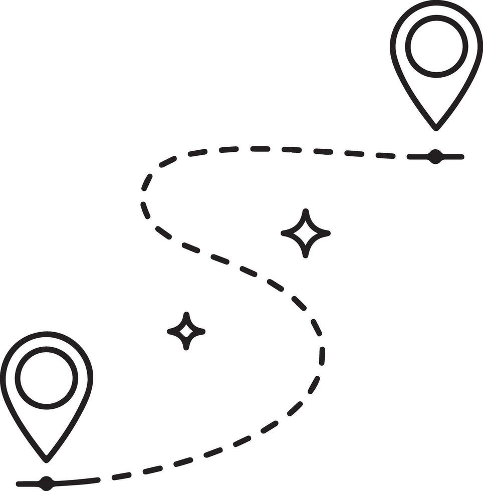 Dashed line route connecting two location pins with stars vector