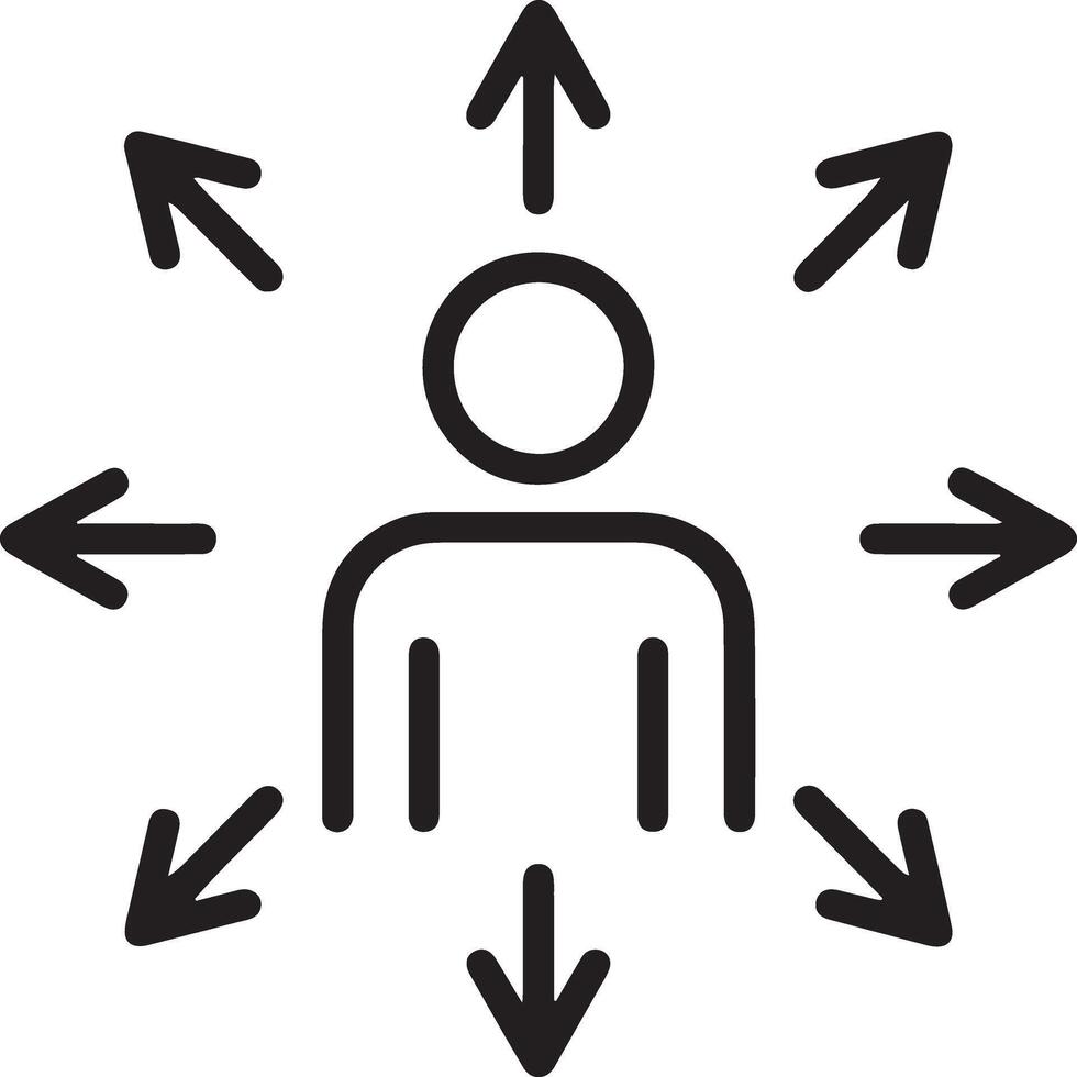 Abstract icon of a person with arrows pointing outwards in all directions representing outreach and expansion vector