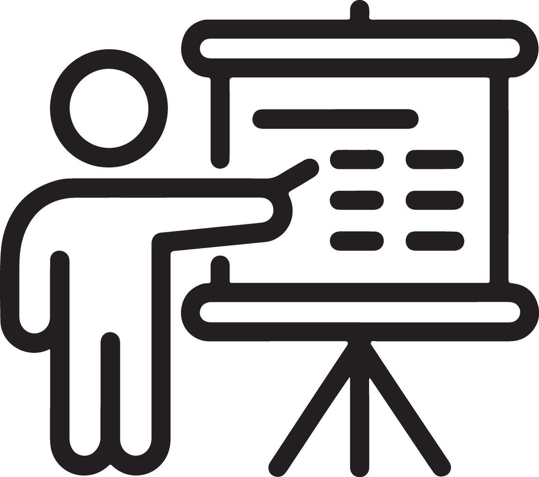 Person pointing to a presentation chart on a tripod easel simple line art icon vector
