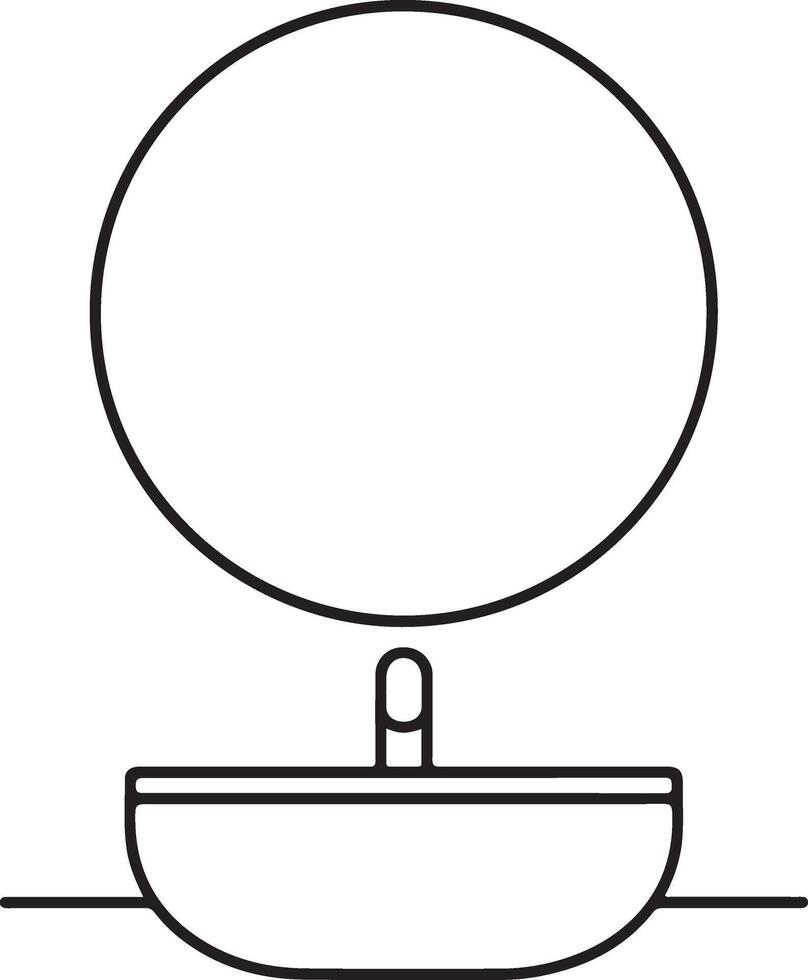 Simple line drawing of a round mirror on a stand with a base and horizontal lines vector