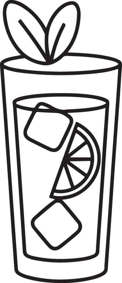 Simple hand drawn outline of a refreshing tall glass filled with ice cubes and a citrus slice garnish vector