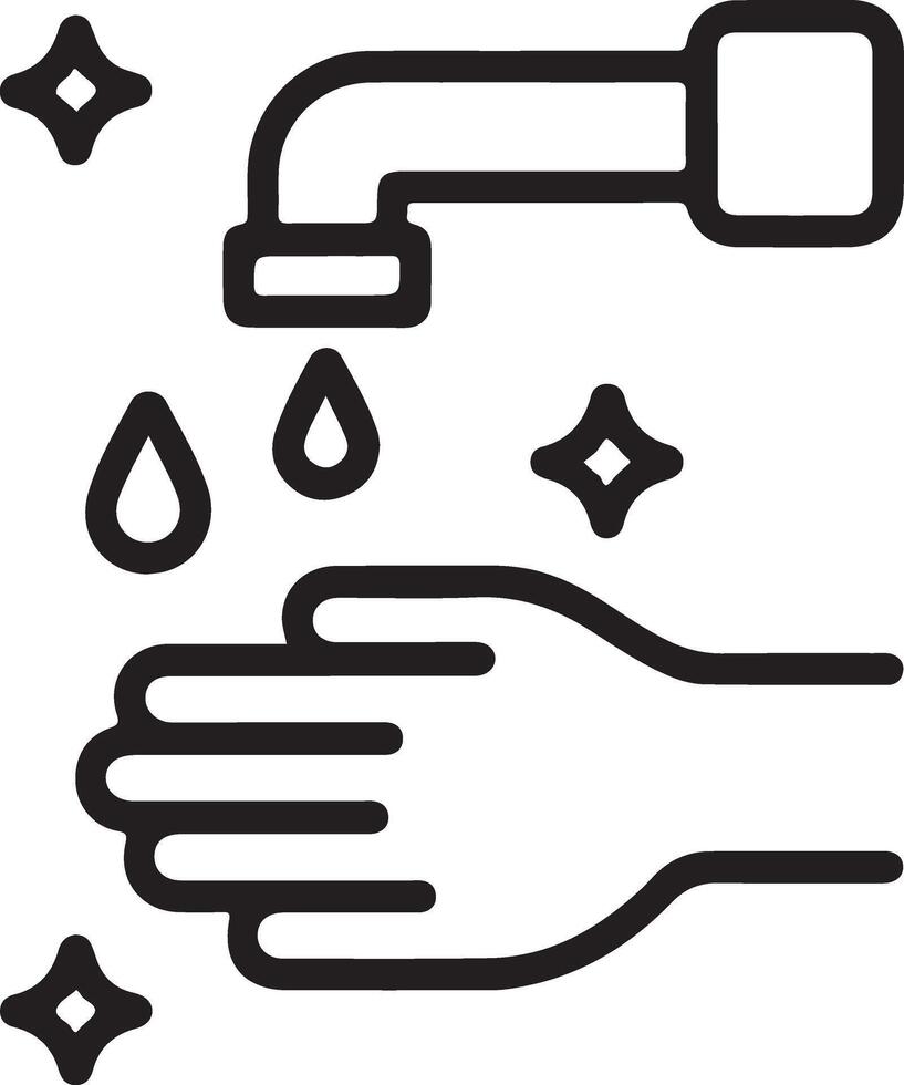 Simple line art illustration of a hand being washed under a running faucet with sparkling clean water drops vector