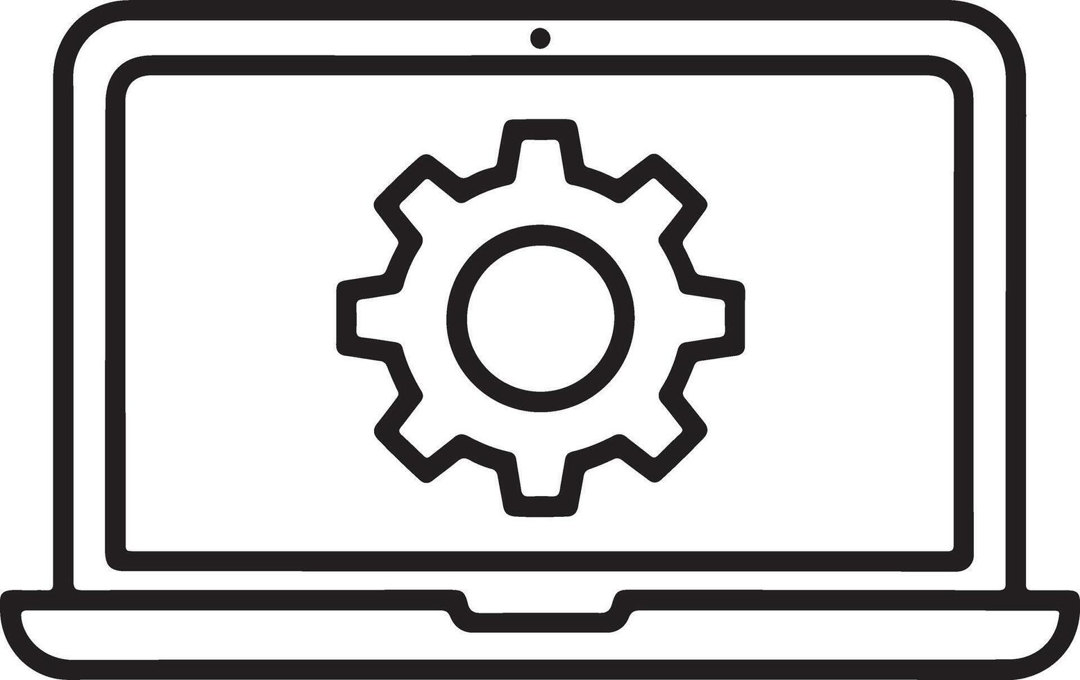 Simple line art illustration of a laptop computer displaying a gear icon on its screen vector