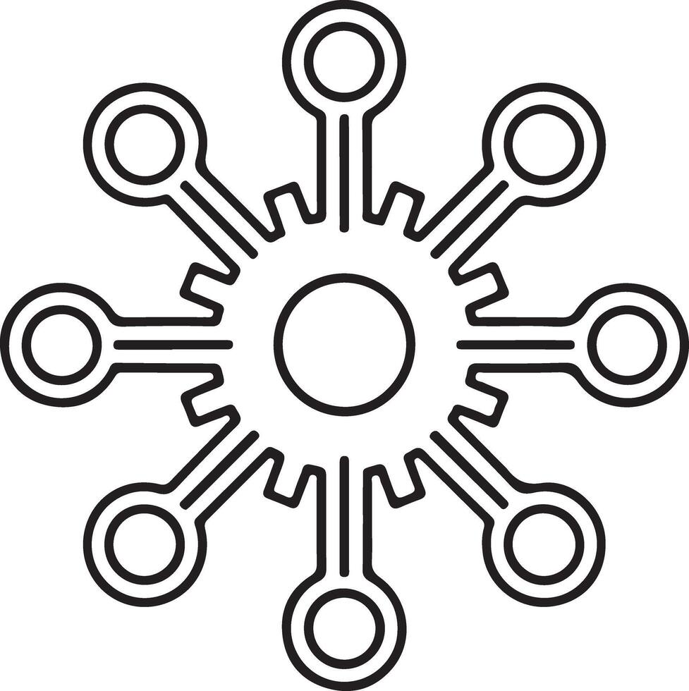 Abstract radial network connection symbol with gear in the center and circular nodes vector