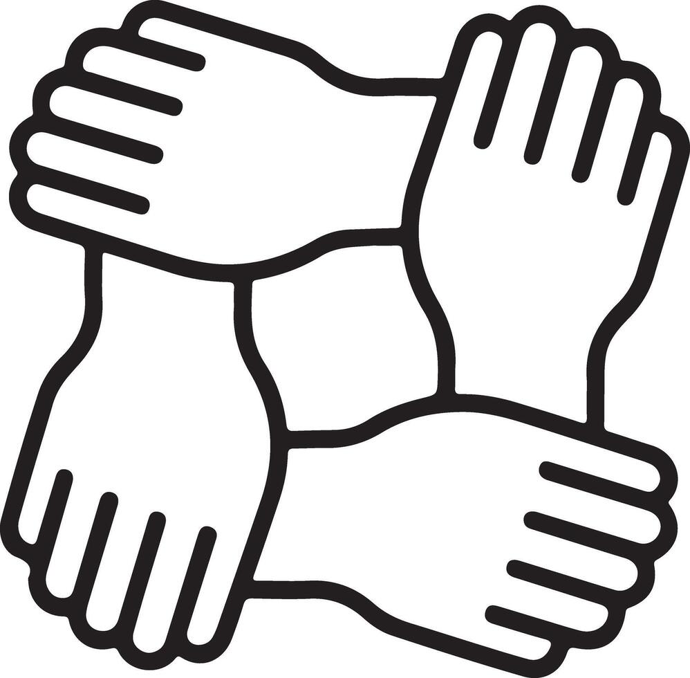 Stylized black and white icon of four hands interlocking to symbolize unity and teamwork vector