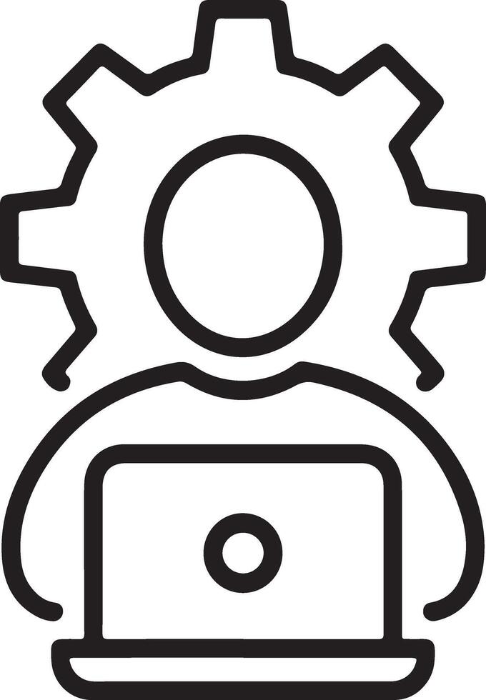 Abstract outline icon representing a person working on a laptop with a gear symbolizing technology and productivity vector