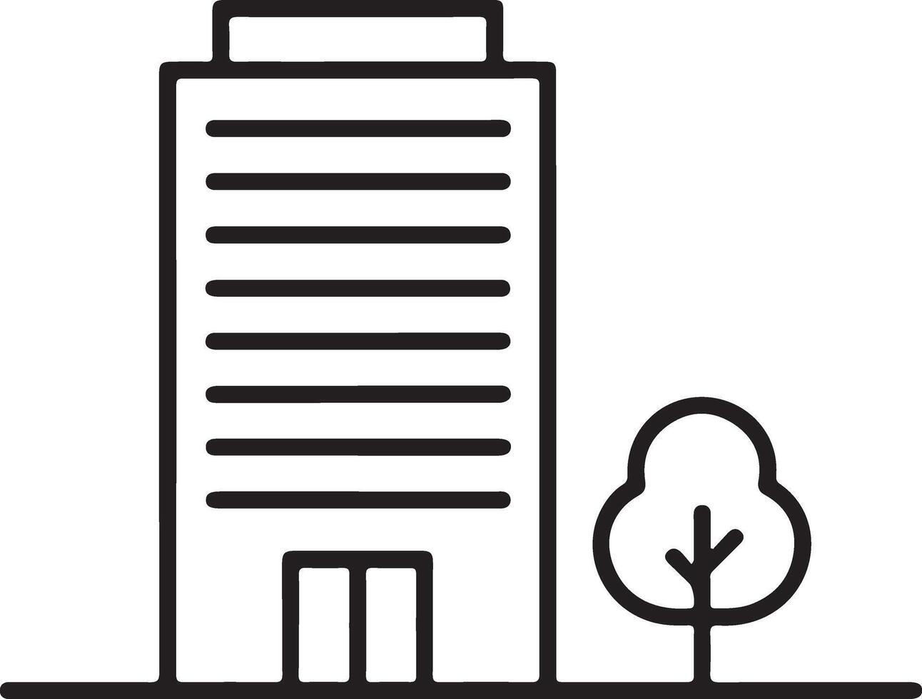 Simple outline icon of a tall modern office building with a small tree and ground line vector