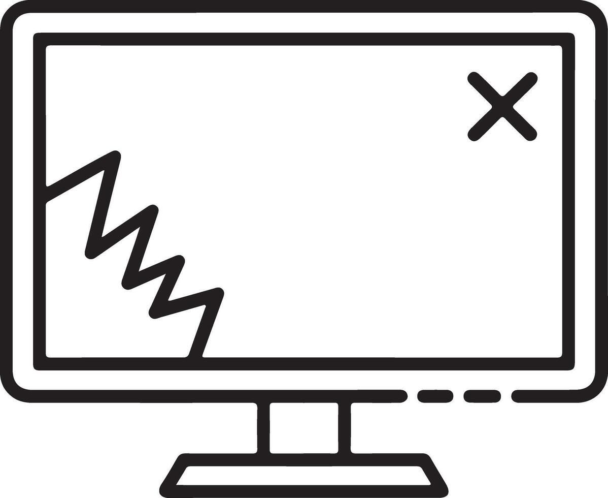 Line art icon of a broken computer monitor screen with a crack and error symbol vector
