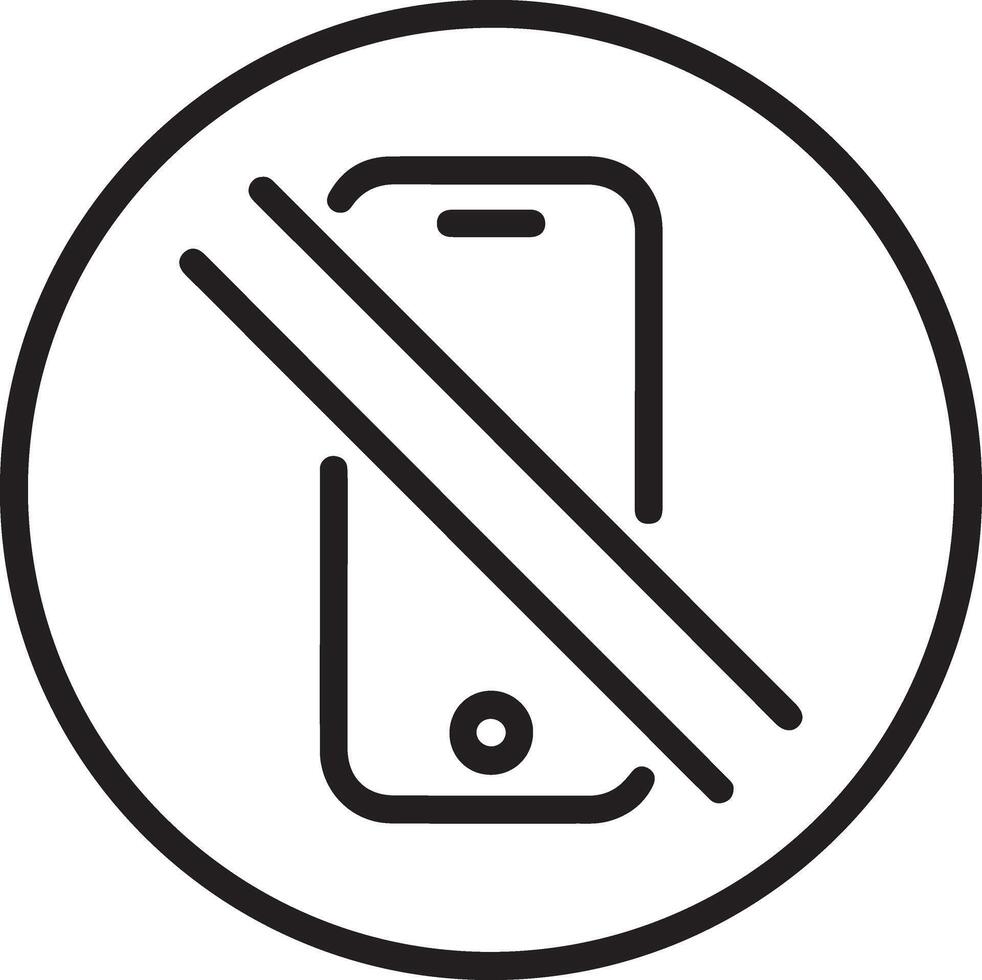 Simple line icon symbol of a smartphone with a diagonal line crossing it indicating no mobile phones allowed vector