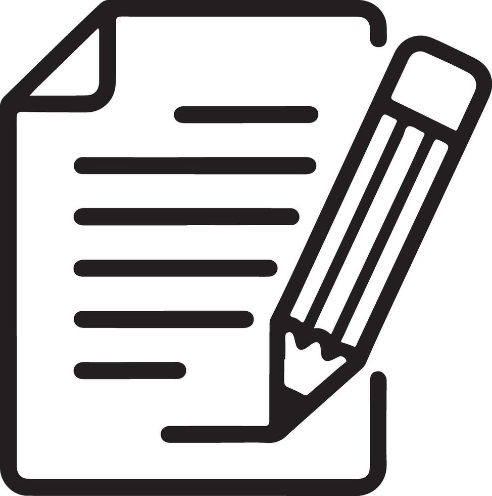 Simple line art icon of a pencil writing on a document with lines vector