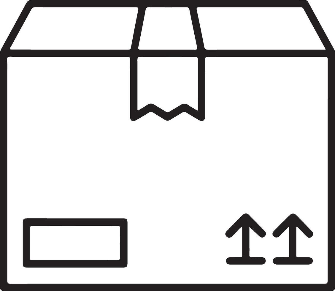 Simple line drawing icon of a cardboard shipping box with fragile arrows and label area vector