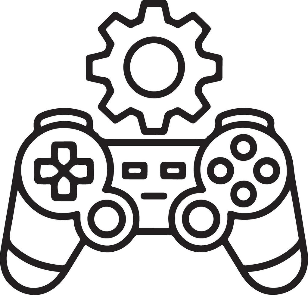 Outline icon of a game controller with a gear symbolizing game development and settings vector