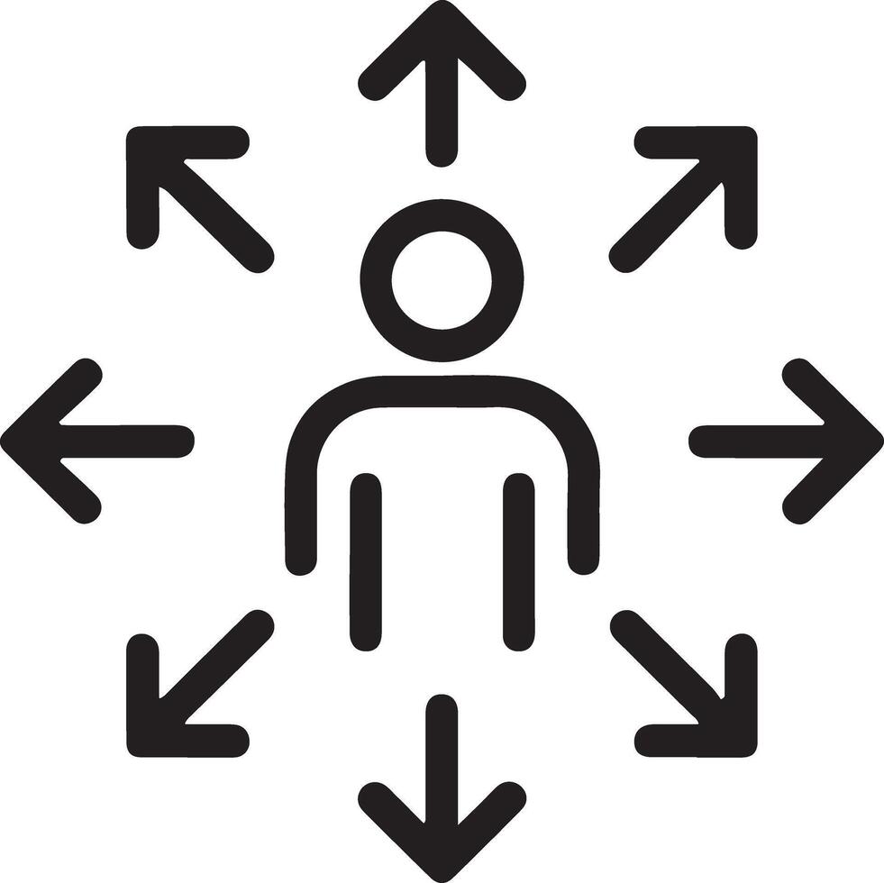 resumen icono representando un persona con múltiple flechas señalando en diferente direcciones vector